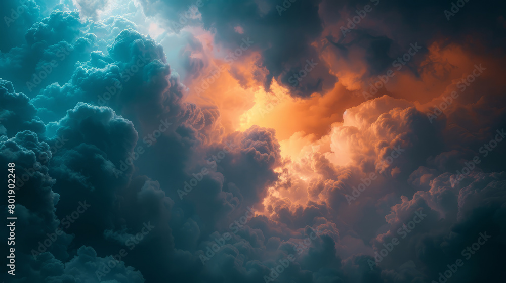 Dramatic storm clouds illuminated by sunset rays Dramatic storm clouds illuminated by sunset rays