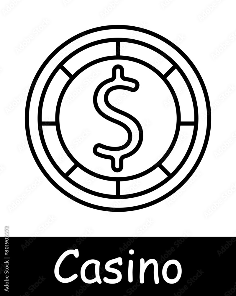 Casino set icon. Coin, check, win, bet, doubling, chip, money, dollar, , raising bets, risks, excitement, ardor, passion, black lines on white background. Gambling concept. Casino set icon. Coin, check, win, bet, doubling, chip, money, dollar, , raising bets, risks, excitement, ardor, passion, black lines on white background. Gambling concept.