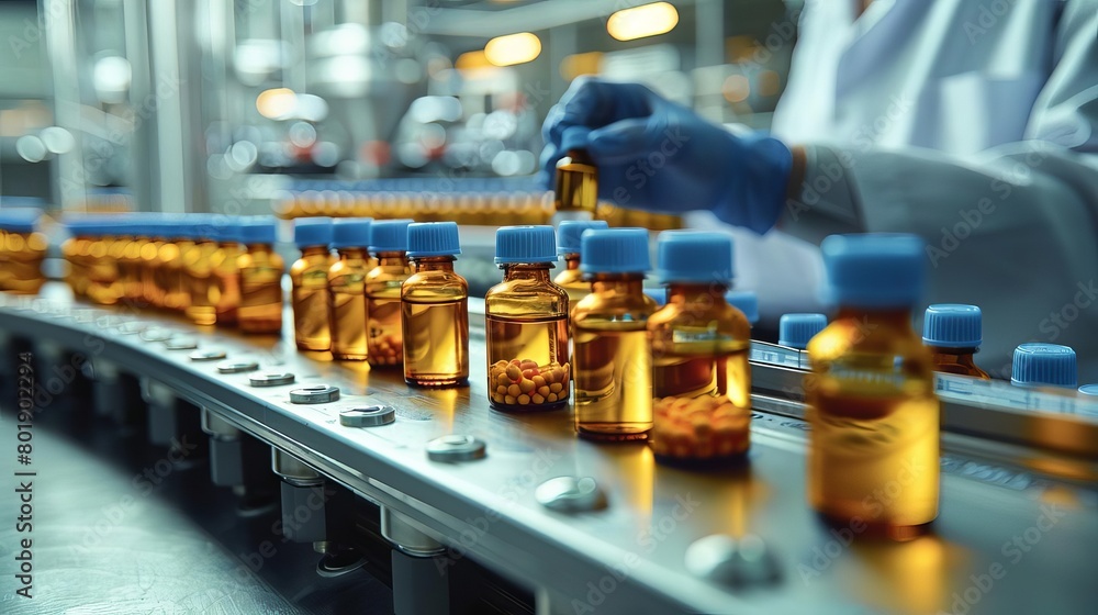 Disabled pharmacist lab technician analysing medicine vials on pharmaceutical factory conveyor belt. Blue & yellow. Copy space