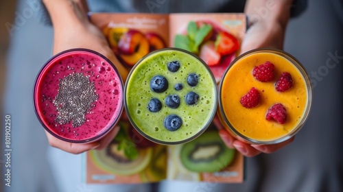 A person holding up a Smoothies 101 cookbook with mouthwatering images of different smoothie recipes.