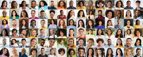 A vibrant display of diversity, this image features a portrait collage of people of different ethnicities, embracing the concept of a diverse society photo