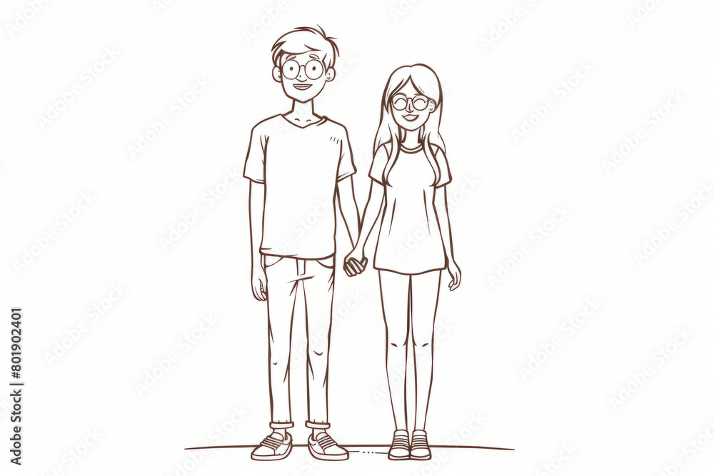 Hand-drawn illustration of a young couple standing together