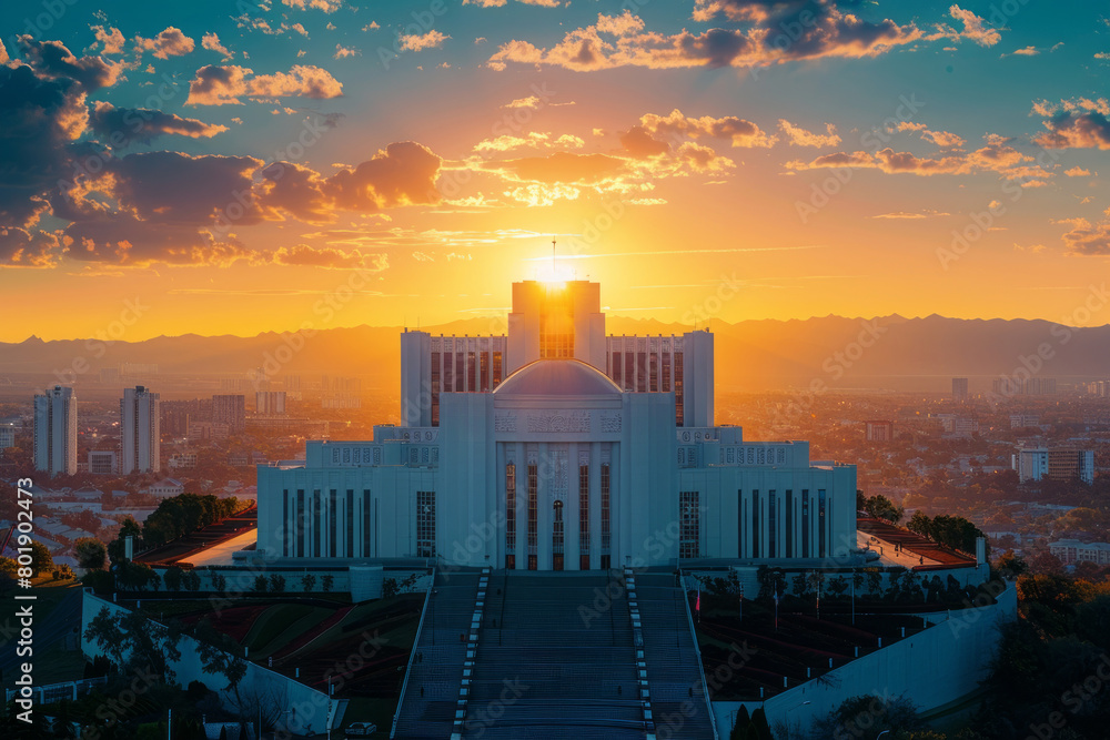 Sunrise over majestic white building with cityscape and mountains