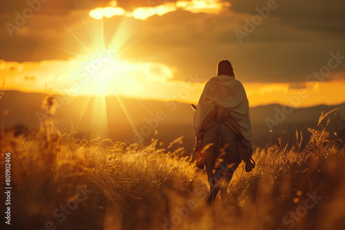 photo as daylight fades, Jesus Christ riding a donkey amidst the meadow at sunset embodies the essence of religious devotion and spiritual journey,