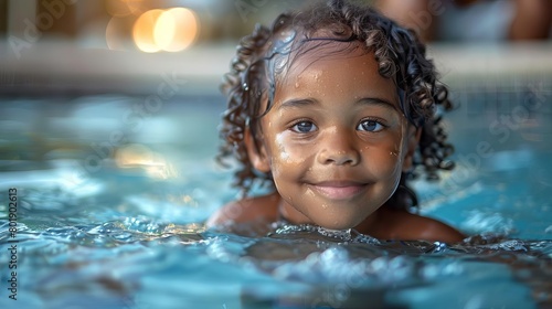 A young girl swims in a pool  her face is turned toward the camera and she is smiling.