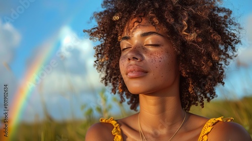 A young woman with curly hair and freckles is sitting in a field of flowers. She has her eyes closed and is smiling. There is a rainbow in the background.