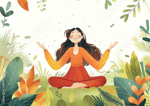 Happy Woman Meditating in Peaceful Nature Setting Illustration