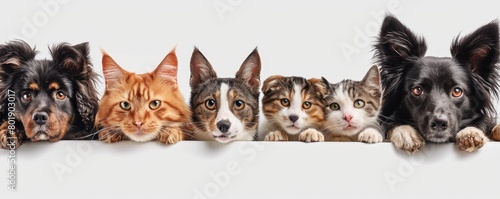 The picture of front view and close up of the multiple group of the various cat and dog in front of the bright white background that look back to the camera with the curious and interest face. AIGX03.