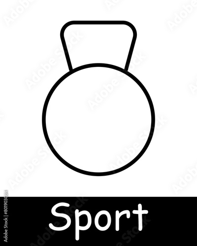 Sports set icon. Medal, weight, hobby, healthy lifestyle, entertainment, competition, kettlebell, heaviness, muscles, hobby, black lines on white background. Healthy lifestyle concept.