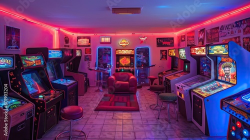 Retro gaming room featuring vintage arcade games, neon lights, and plush seating. © farhan