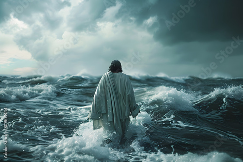 Jesus walks on water across the sea and calms the storm as in bible