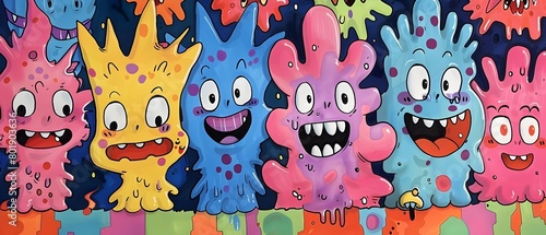 Colorful Cartoon Monsters Smiling Playful Artwork Mural © FEROHORA