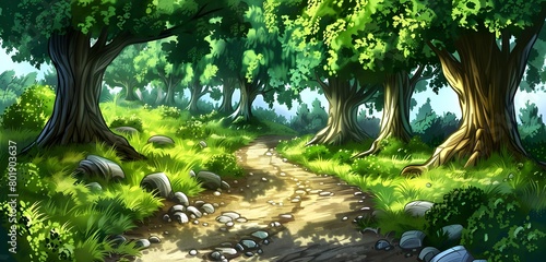Enchanted Forest Pathway Sunlight Tranquil Nature Scenery Illustration © FEROHORA