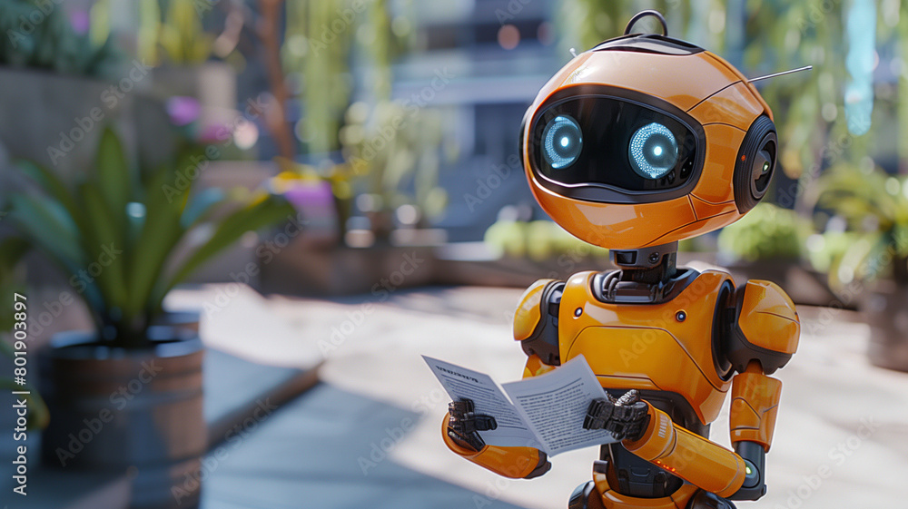 The cute orange robot is holding a piece of paper. The concept of a humanoid robot assistant The cute orange robot is holding a piece of paper. The concept of a humanoid robot assistant