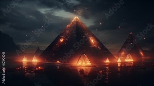 a giant pyramid floating with fire runes  several ships  alien invasion  dark sky.