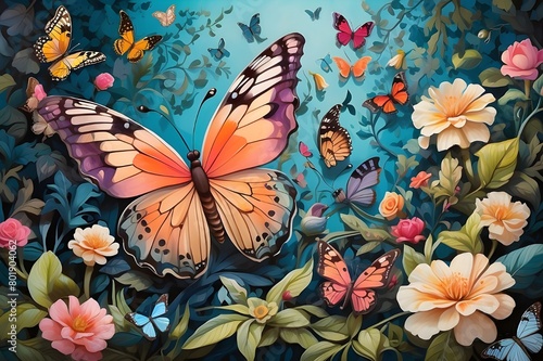 A whimsical and fantastical world, where butterflies of all shapes and sizes dance and play in a lush and detailed background, creating a truly magical and one-of-a-kind image. © Naveed Arts