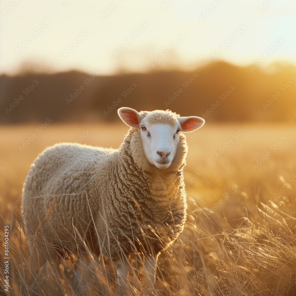 Fototapeta premium Serene Sheep Grazing in Golden Sunset Light on Countryside Field