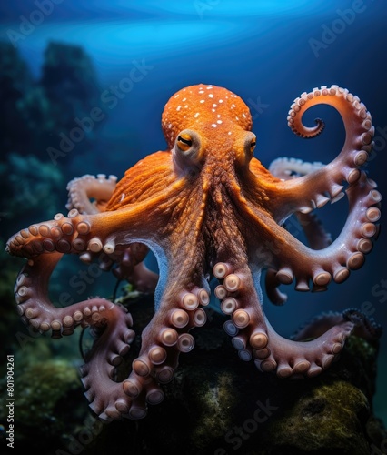 A close-up of a brightly colored octopus. AI.