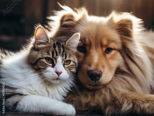 A cat and a dog are lying together on a wooden floor. AI.