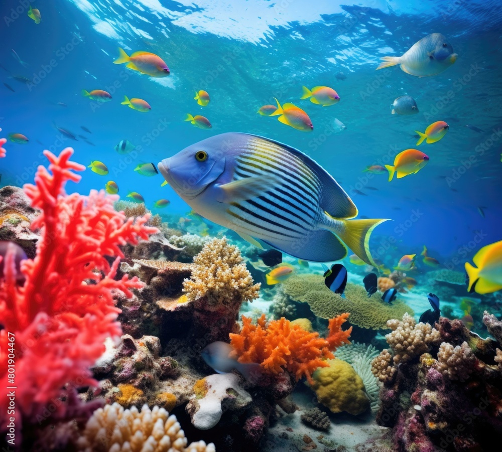 Fototapeta premium A beautiful underwater scene with various types of fish and coral. AI.