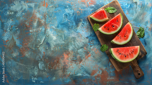 Wooden board with slices of ripe watermelon on table -