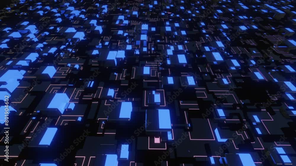 4k looped animation. Flight over hi tech pattern on plane surface, neon glow, complex elements and structure. 3d objects form sci fi surface 3d pattern. Information technology, futuristic hardware 4k looped animation. Flight over hi tech pattern on plane surface, neon glow, complex elements and structure. 3d objects form sci fi surface 3d pattern. Information technology, futuristic hardware