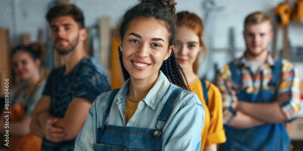 smiling girl in front of a group of people in work clothes in a workshop, indicating teamwork and creativity, banner