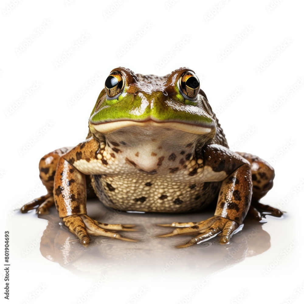 Fototapeta premium Green frog sitting on a reflective surface, looking at the camera. AI.