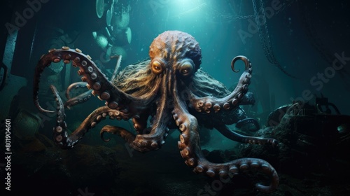 A  octopus lurks in the depths of the ocean. AI. © serg3d