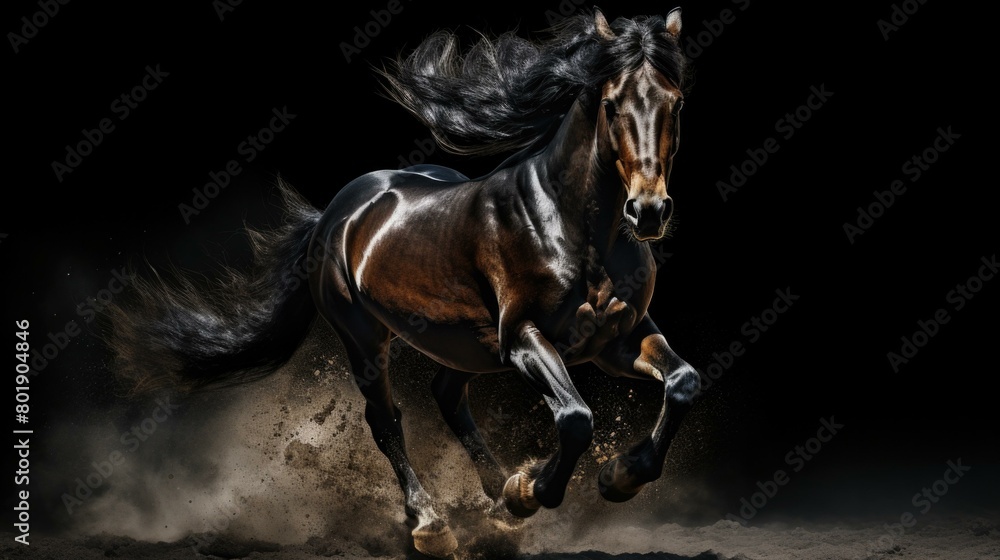 A beautiful dark brown horse with a long flowing mane and tail is running at full speed. AI. A beautiful dark brown horse with a long flowing mane and tail is running at full speed. AI.
