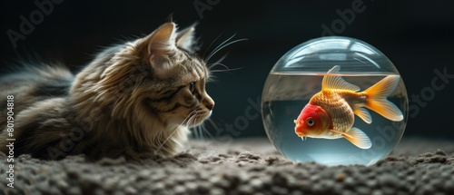 Cat looking at a goldfish in a bowl. AI.