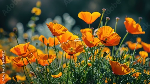 Close-up of a field of orange California poppies. AI.