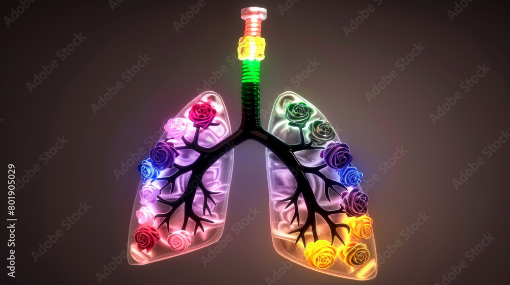 A colorful lung with a stem and a flower on top. The lung is made of glass and has a rainbow of colors