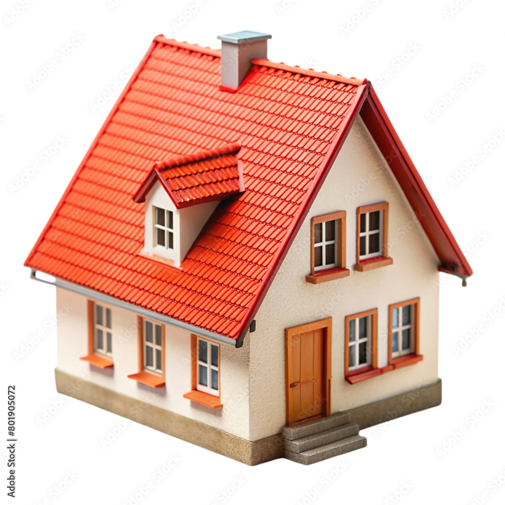 Charming miniature house with red roof isolated on transparent background.