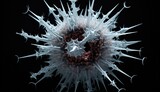 3D rendering of a spiky white virus or bacteria on a black background. AI.