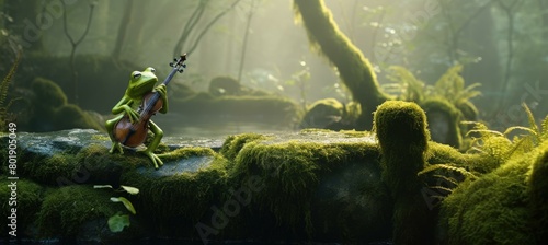 A frog playing the violin in a misty forest. AI. photo