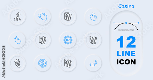 Casino set icon. Cards, suits, fruits, win, doubling, chip, money, king, diamond, hearts, spades, banana, risks, excitement, ardor, passion, lemon, cherry, strawberry, neomorphism. Gambling concept.
