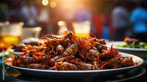 A plate of fried insects is a popular street food in many countries. AI. photo