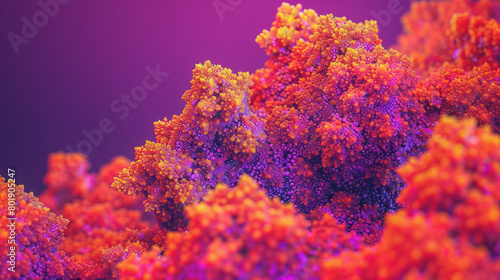 A colorful, abstract image of a tree with orange and purple leaves. The image has a vibrant and lively mood, with the bright colors of the leaves creating a sense of energy and movement