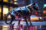 A sleek black panther made of metal stands in the middle of a busy city street. AI.