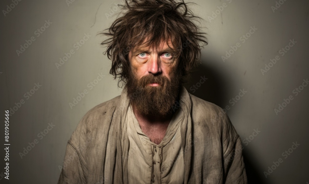 Fototapeta premium A man with long, matted hair and a beard, wearing a tattered shirt, stares at the camera with an intense expression. AI.
