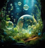 A beautiful illustration of a forest with glowing bubbles. AI.