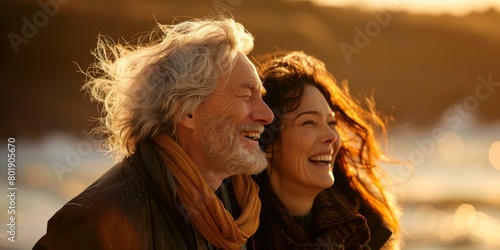 An elderly couple is laughing together in the sunlight. AI.