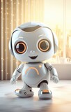 The robot is cute and friendly. It has big eyes and a happy smile. It is standing in a bright room with a large window in the background. AI.