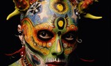 A person with colorful face paint and piercings. AI.