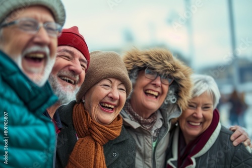 Group of senior friends having fun outdoors - Four pensioners bonding outdoors in the city © Iigo