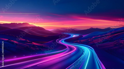 Vibrant Futuristic Road Winding Through Dramatic Mountainous Landscape with Glowing Neon Lights and