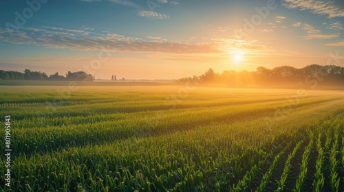 An early morning farmer s field  dew on crops  sunrise casting a golden glow  tranquil and fertile landscape. Resplendent.