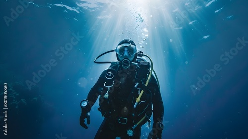 Diver Immersed in Ethereal Underwater Expanse with Rays of Light