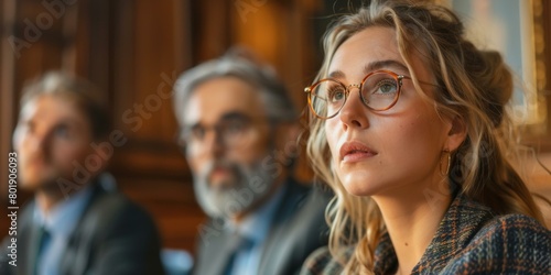 A young woman wearing glasses is looking thoughtfully into the distance while two men are having a conversation in the background. AI.